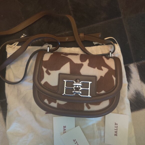 BALLY Leather Crossbody Bag Animal Print Calf Hair  New $1710.00 - Picture 2 of 4